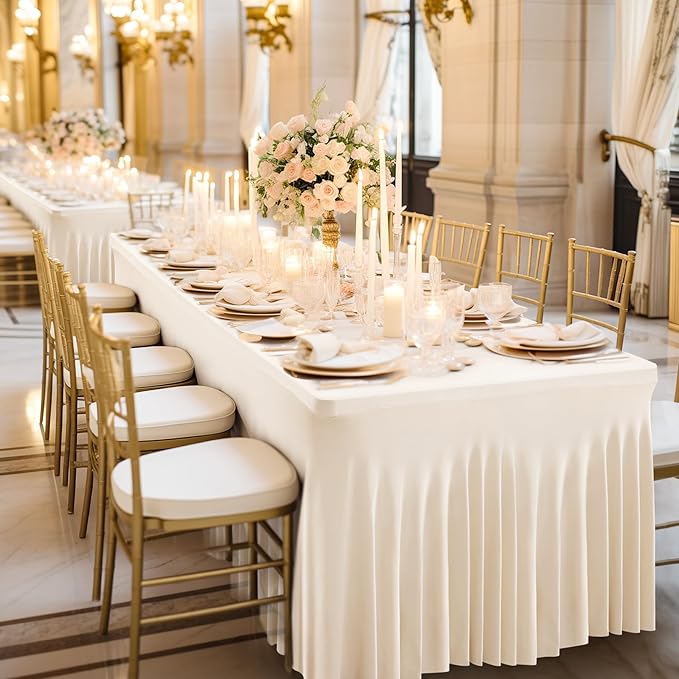 Wish Care 6 Pack Ivory Spandex Table Clothes for 4 Foot Rectangle Tables, 4FT Wrinkle Free Fitted Tablecloths Ruffles Design Table Cover for Party, Banquet, Wedding and Events