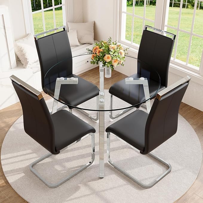 42" Round Glass Dining Table Set for 4,Modern Breakfast Table Set for 4 with Silver Chrome Legs,Space Saving Kitchen Table and Black Chairs for Apartment,Easy Assembly