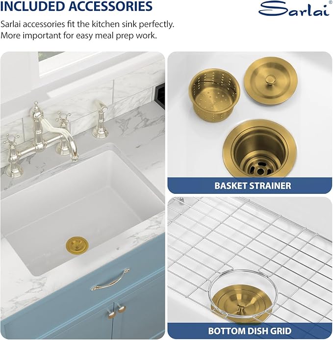 Sarlai 32 Inch White Undermount Sink Fireclay 32x19 Inch Dual Drop in & Undermount Kitchen Sink Porcelain Ceramic Single Bowl Deep Basin