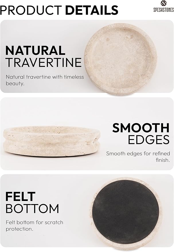 Marble Jewelry Dish 5 Inch Handmade Travertine Ring Holder - Trinket Tray for Vanity & Aesthetic Room Decor, Stone Key Bowl & Candle Plate for Entryway Table,