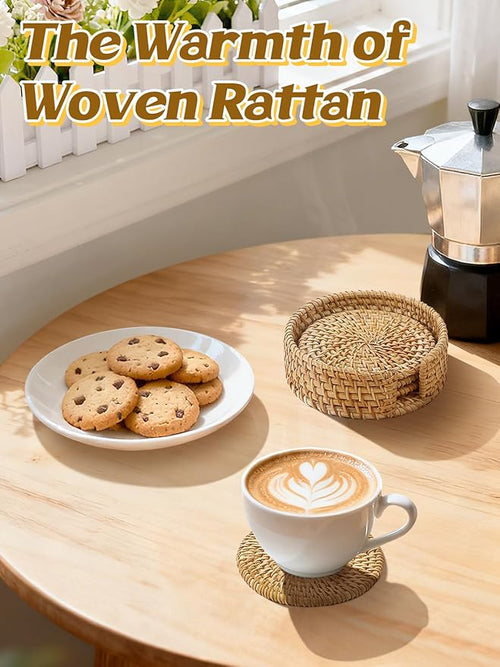 4pcs Natural Handmade Rattan Coasters with Holder - Wicker Drink Coasters Set for Protecting Table, Housewarming Gifts Boho Fall Home Decor