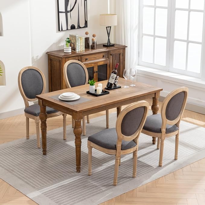 Ball & Cast French Vintage Upholstered Dining Chairs Set of 2, Farmhouse Antique Painting Wooden Kitchen Side-Chairs with Carved Solid Wood Frame, 2-Piece Curved Backrest Louis Chair, Linen Gray