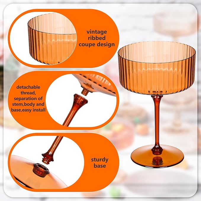 12 Pcs Ribbed Martini Glasses 10 oz Disposable Plastic Vintage Ribbed Coupe Glasses Unbreakable Dessert Parfait Glassware for Wedding Birthday Party Supplies (Brown)