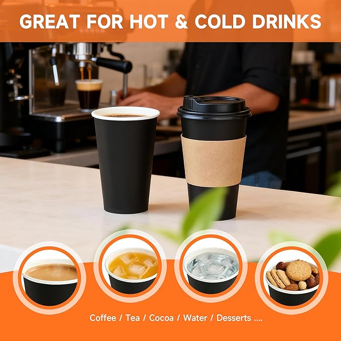 50 Pack 16 oz Disposable Coffee Cups with Lids and Sleeves, Sturdy Paper Cups for Hot/Cold Drinks, Leak-Proof To Go Coffee Cups with Lids for Home, Café, Events, Office, Black