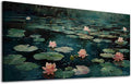 ADJUVANT Wall Art Impressionist Water Lily Pond 48" L x 24" W, Pink Lotus Flowers on Dark Blue Water Canvas Painting Nature Artwork Prints Wall Decor for Living Room Bedroom Bathroom Home Office