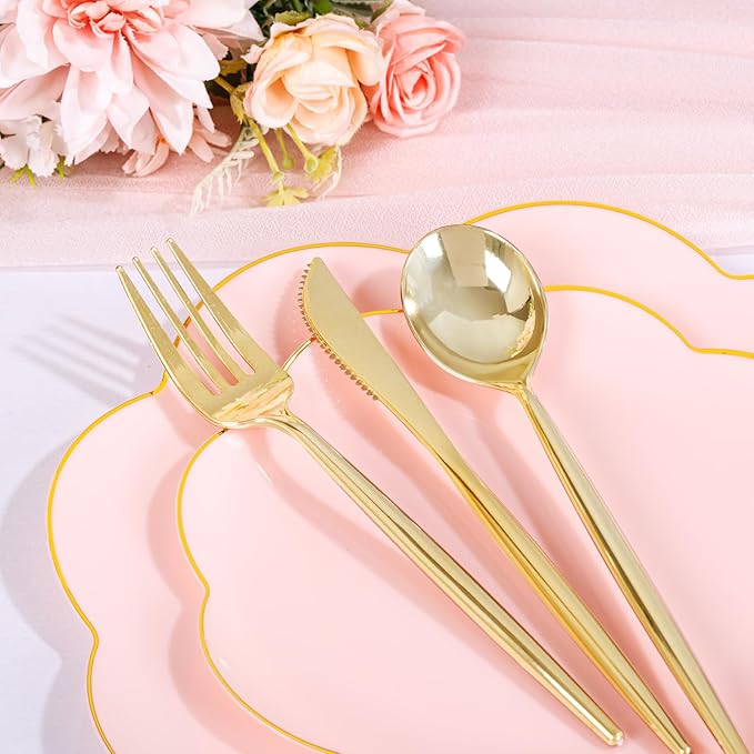 EI 180pcs Pink Plastic Plates with Gold Plastic Silverware,Party Plates Disposable,Pink Dinnerware Set for Afternoon Tea,Wedding,Birthday,Easter,Spring,Mother's Day,Valentine's Day