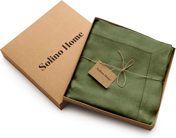 Solino Home Olive Linen Tablecloth 60 x 90 Inch - 100% Pure Linen Hemstitch Table Cloth for Rectangle Tables - Classic Hemstitch, Machine Washable Tablecloth for St Patricks Day