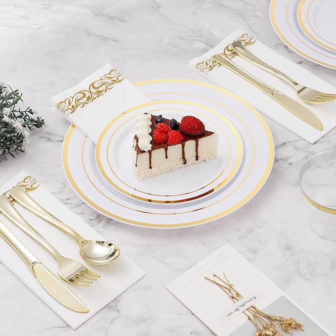 BESTVIP 175 PCS Gold Dinnerware Set for 25 Guests, Plastic Dinnerware Set for Party, Wedding, Christmas, Include: 50 Plastic Plates, 25 Gold Silverware, 25 Cups, 25 Paper Napkins