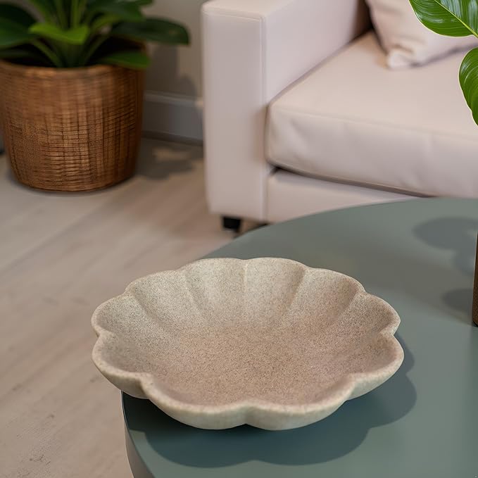 Large Handmade Decorative Bowl decor, Scalloped Pedestal Bowls for Modern Home Decor,Ruffle Decor,Stylish Key Bowl for Entry Table,Decorative Fruit Bowl for Kitchen Counter,Artificial Stone Beige