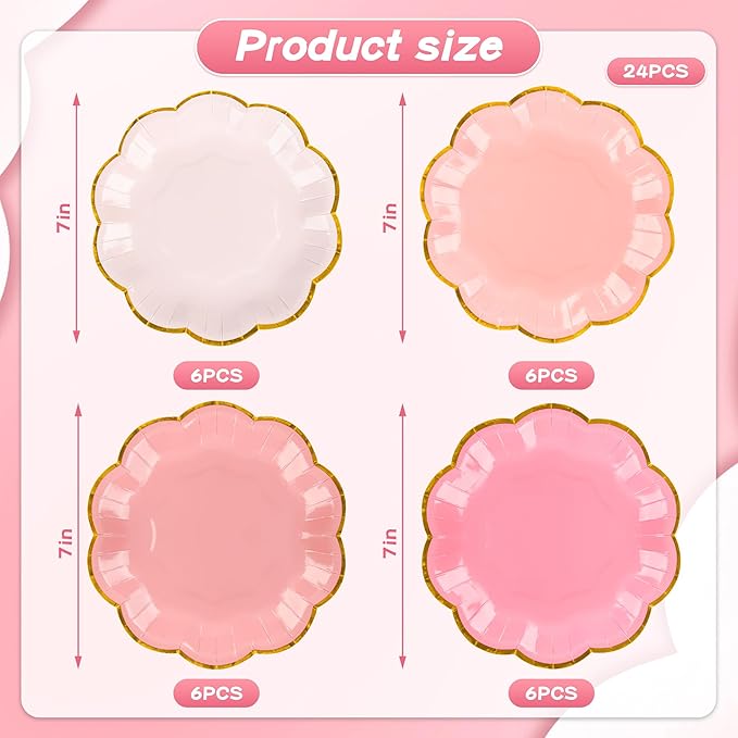 Pink Party Plates Valentines Day Gradient Pink Dessert Paper Plates 7inch Gold Foil Scalloped Edge Disposable Cake Plates for Christmas Birthday Bridal Baby Shower Party Supplies (24)