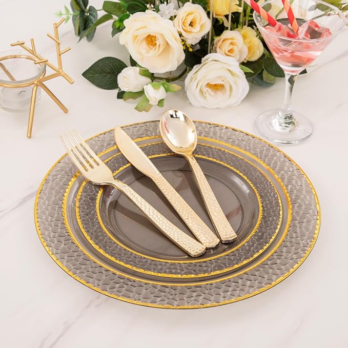 Nervure 150PCS Clear Black Plastic Plates - Gold Party Plates - Black and Gold Dinnerware Set Include: 50 Plate, 25Cups, 25Forks, 25Knives, 25Spoons for New Year & Party & Halloween