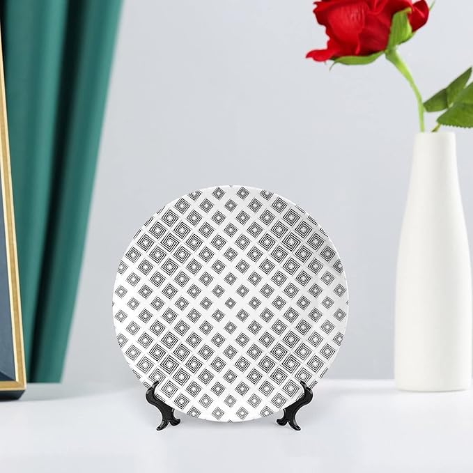 Decorative Plates, Abstract Print Ornament, Minimalist Geometric Diamond Shaped Square Lines, 6 Inch, Kitchen Wall Decor, Black White