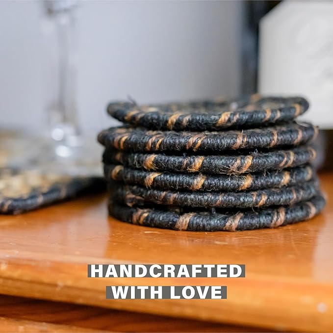Homespice Kilimanjaro Jute Braided Rope Coasters 4", Warm Primitive Decor, Set of 6, Black and Tan - Durable, Absorbs Moisture, Easy to Clean and Protects Furniture