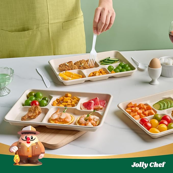 JOLLY CHEF Compostable 𝟱 Compartment Paper Plates 𝟭𝟭 * 𝟴 𝗶𝗻𝗰𝗵 [𝟱𝟬𝟬 𝗣𝗮𝗰𝗸] Heavy Duty Natural Divided Disposable Eco-Friendly Biodegradable Food Trays for Party Lunch Dinner Christmas