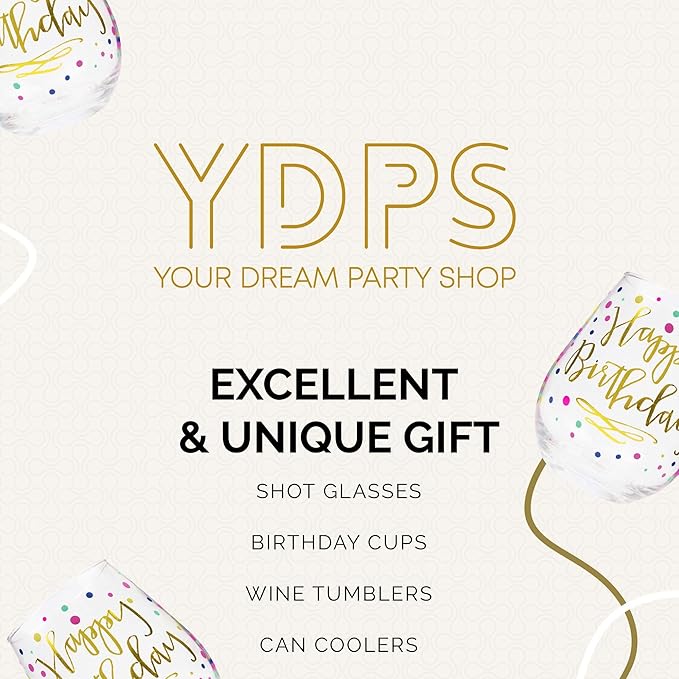 Your Dream Party Shop Happy Birthday Wine Glass, 22oz Stemless with Gold Print - Gift for Adults and Women, Happy Birthday Cups For Women