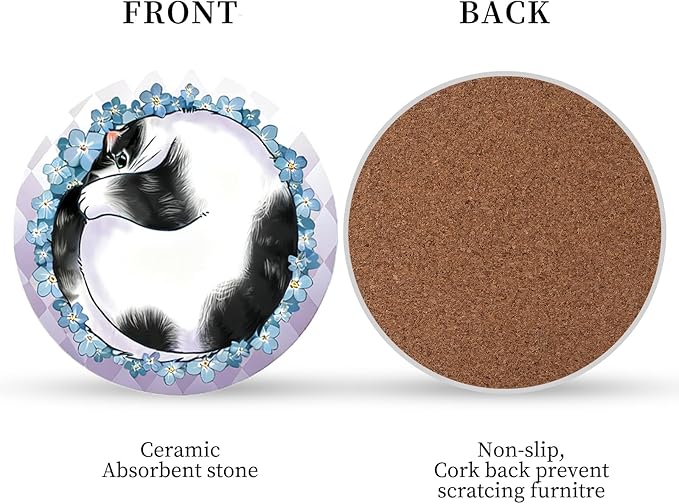Coasters Absorbent Ceramic Coaster Drink Coasters with Cork Back Lazy Cats Set of 6 Round Coaster Non Slip for Coffee Table Wine Glass Home Bar 4 Inch, Cute