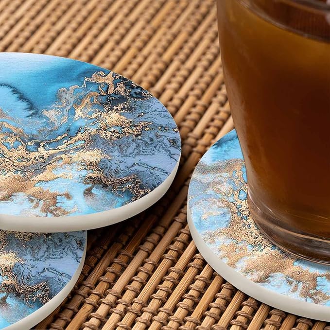 Blue Marble Art Painting Coasters for Coffee Table Colorful Abstract Liquid Marbling Mix of Acrylic Housewarming Presents for Women Men Home Decor Office Kitchen Living Room 2 Pcs