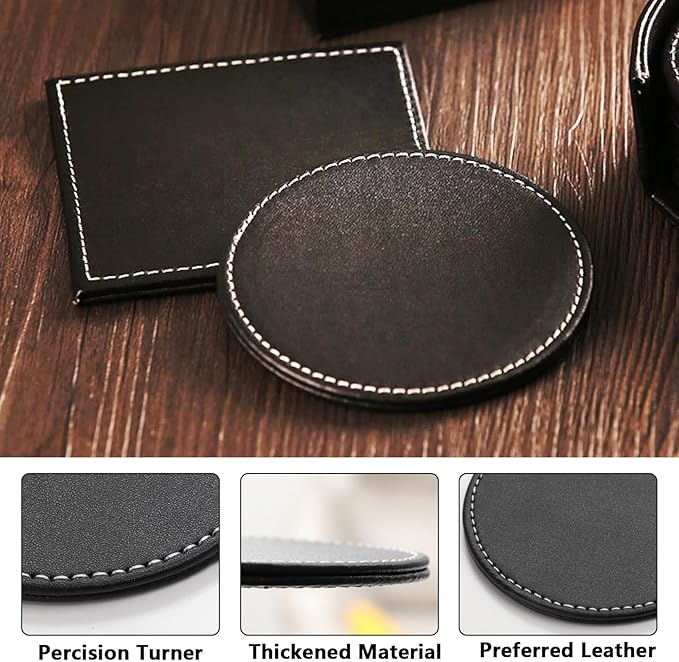 Custom Personalized Leather Coasters - Set of 6 | DIY Name, Photo, or Logo Coasters for Coffee Table, Bar, Beer, Wine | Ideal Housewarming Gift, Black