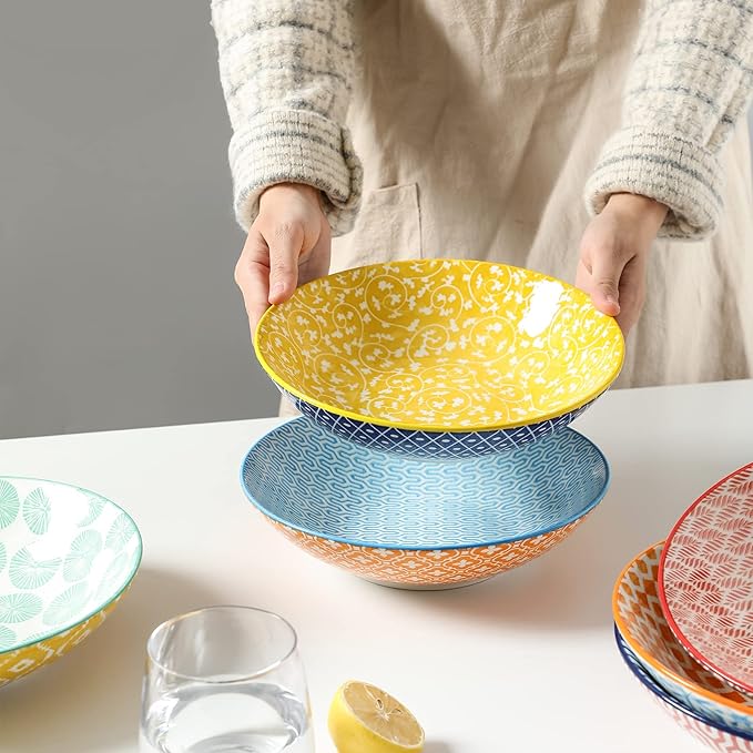 Selamica Ceramic 30oz Large Pasta Salad Bowls 8 Inch Wide and Shallow Soup Bowls, Stackable, Microwave and Oven Safe, Set Of 6, Assorted Colors