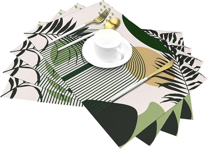 Boho Mid Century Sun Placemats Printed Modern Rainbow Leaves Green Design Washable Place Mats 12x18Inch for Dining Kitchen Farmhouse Decor 6 PCS