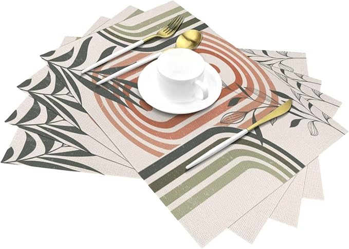 Mid Century Boho Sage Placemats, Abstract Bohemian Mid Century Plant Leaf Rainbow Dots Washable Place Mats 12x18Inch for Dining Kitchen Farmhouse Decor 4 PCS