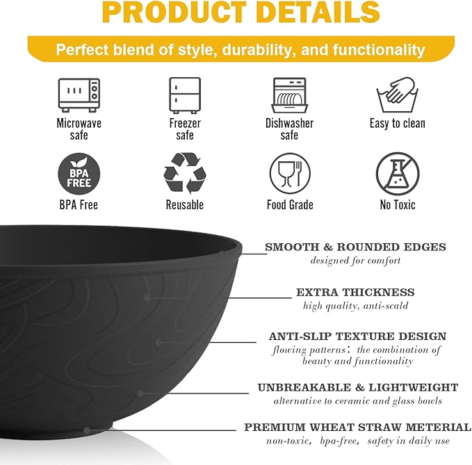 Unbreakable Cereal Bowls 40 OZ, Wheat Straw Bowls Set of 6, Anti Scald Extra Thick Soup Bowls, Reusable Plastic Bowl for Kitchen, Outdoor, Camping, RV, Black