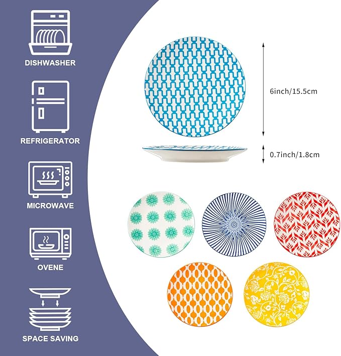 Ceramic Dessert Plates Set - Mini 6 Inch Appetizer Plates for Kitchen - Small Salad Plates for Cake Snacks, Side Dishes - Microwave Dishwasher Safe - Wedding Housewarming Gift - Assorted Colors