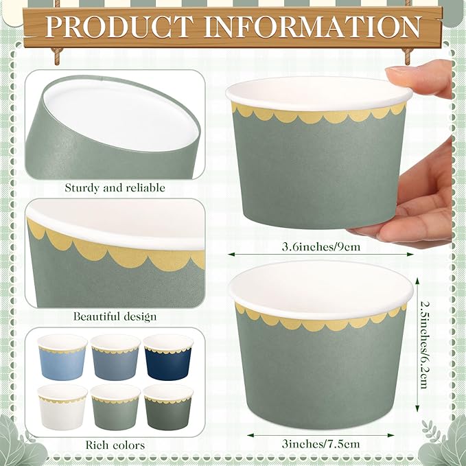 Zopeal 48 Pcs Dusty Blue and Green Disposable Ice Cream Bowls 9oz Blue Gradient Color Paper Snack Cups with Gold Scallop for Parties, Weddings, Baby Showers, Desserts, Yogurt, and Salads