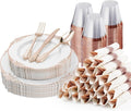 175PCS Rose Gold Plastic Plates for 25 Guests, Disposable Dinnerware Sets Include 50 Rose Gold Rim Plastic Plates, 25 Silverwares and 25 Cups, 25 Pre Rolled Napkins for Party, Graduation