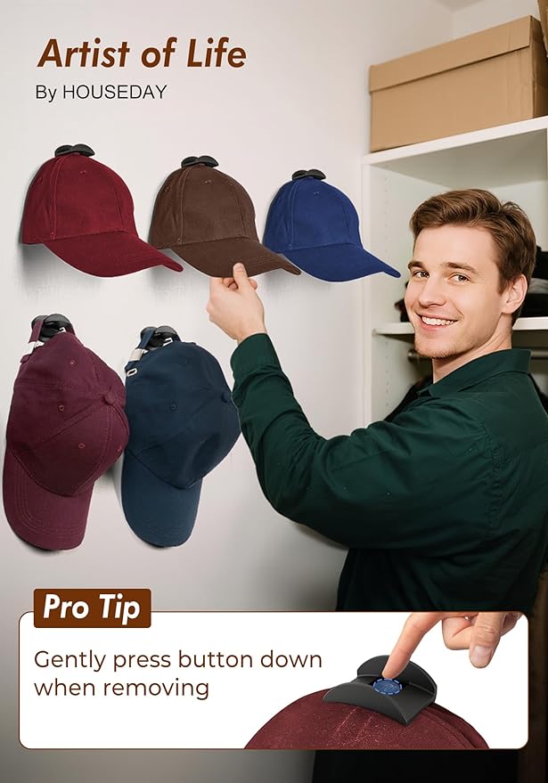 HOUSE DAY Adhesive Hat Hooks for Wall 8 Pack, Strong Hat Rack for Baseball Cap Display Organizer, Hats Holder for Wall, Door, Closet, No Drilling, Black