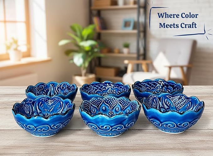 Handmade Decorative Turkish Ceramic Mini Pinch Bowls Set of 6 – Small Dipping & Serving Sauce Bowls, Blue Charcuterie Accessories, Hand-Painted Floral Pattern Snack Dishes for Kitchen & Table Decor
