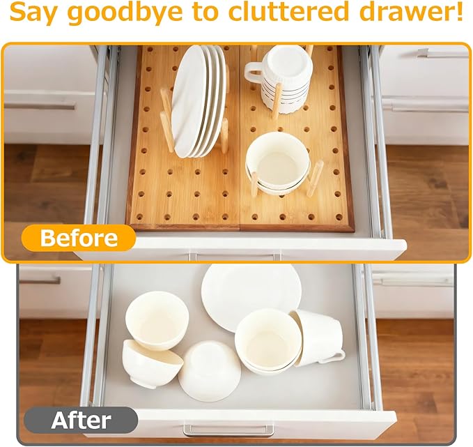 Foldable Pegboard Organizer for Kitchen – Bamboo Base & Acacia Wood Edge Dish Rack for Kitchen Countertop, and Drawer, 24 Pegs, 23.6" x 15.7"
