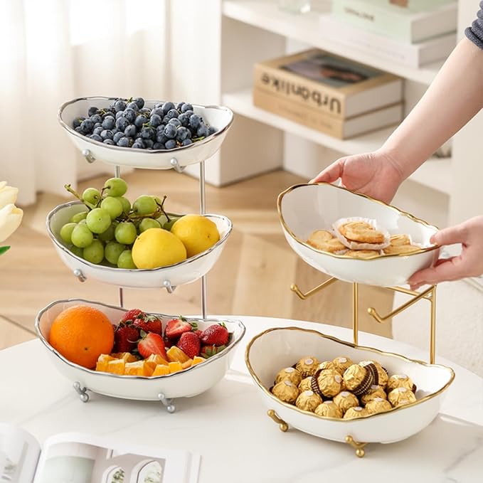 2 Tier Ceramic Fruit Bowl for Kitchen Counter, Tiered Fruit Basket for Countertop, Modern Multi Layer Fruit Display Stand for Party, Cute (Gold-rimmed, Small)