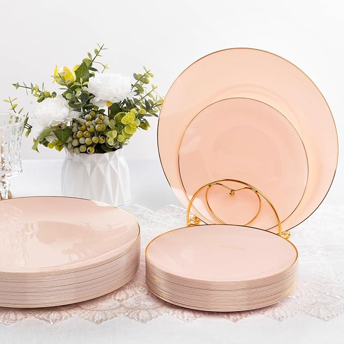 100 PCS Pink Gold Plastic Plates, 10 inch Pink Disposable Plates for Party, Plastic Dinner Plates for Party, Graduation, Wedding