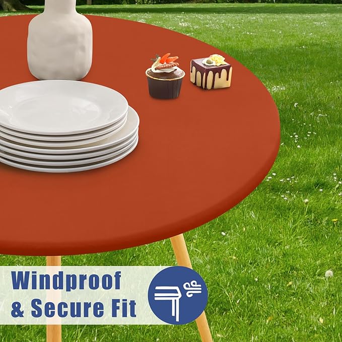 Round Spandex Tablecloth, Elastic Fitted Waterproof Tablecloths for 25"-30" Tables, Stretch Washable Picnic Table Cover for Camping, Dining, Indoor and Outdoor, Rust