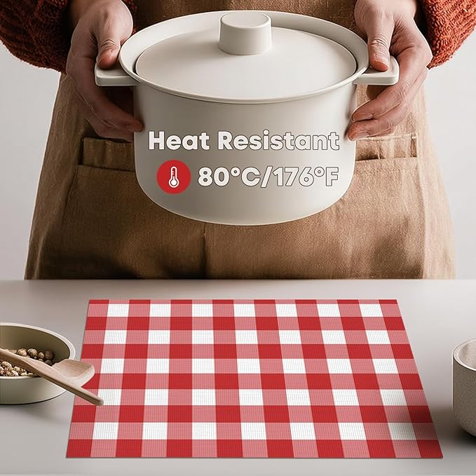 Artoid Mode Buffalo Plaid Vinyl Placemats Set of 4, 12x18 Inch Washable Non-Slip Heat Resistant Plastic Place Mats for Party Dining Table, Red/White