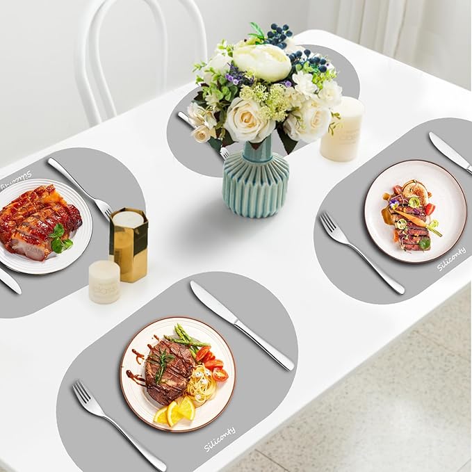 Silicone Placemats, Oval Placemats Set of 4. Heat-Resistant and Easy to Clean Siliconty Mats, Non-Slip Silicone Placemats for Table Protection. (4, Light Gray)