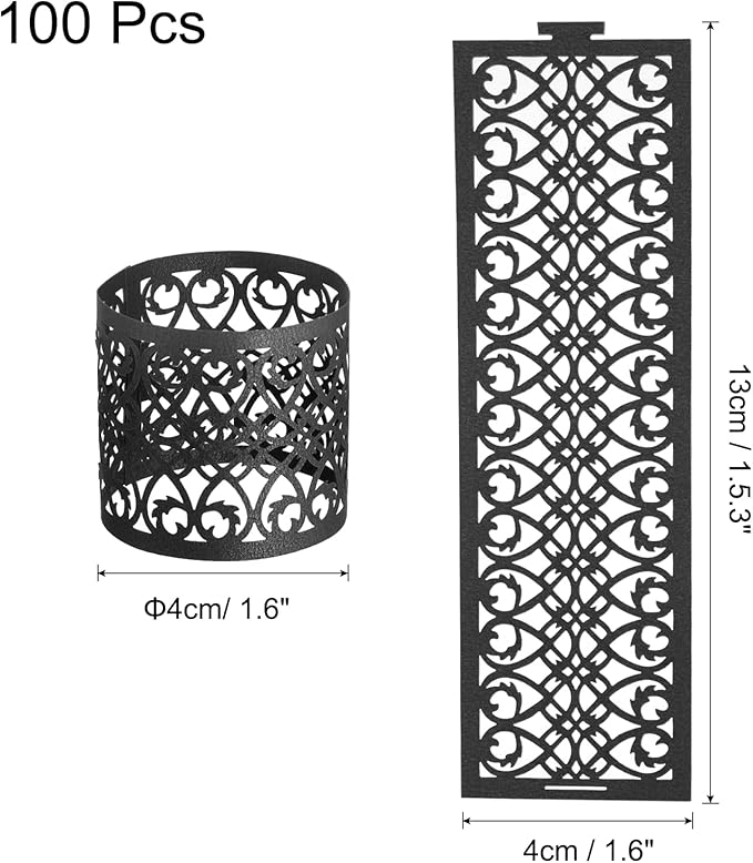 uxcell 100Pcs Napkin Rings Laser Cut Foil Paper, Napkin Holder Hollow Napkin Bands for Weddings Party Serviette Table Decoration Restaurant (Black, 5.3 x 1.6)