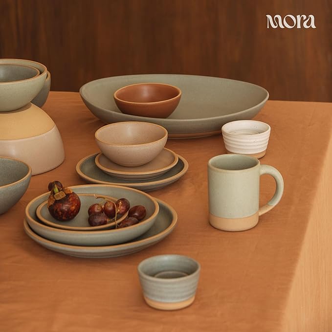 MORA Medium Dishes Set of 4, 30oz Ceramic Pottery Pasta Plate/Wide Bowls - Microwave, Oven and Dishwasher Safe - Peppercorn
