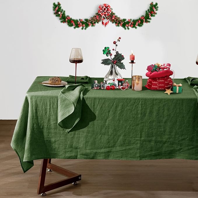 Talasily Linen Tablecloth 100% Pure Linen Table Cloth 60x84 Inches Rectangle Tablecloths Washable Cloths for Kitchen, Dining, Buffet Parties, Holidays, Picnic, Weddings and Restaurants-Forest Green