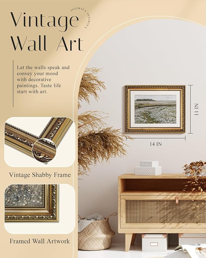 InSimSea Retro Gold Framed Wall Art, Home Room White Flowers Grassland Vintage Wall Decor, Canvas Print Artwork, Farmhouse Country Decor, Antique Picture Frame Floral Paintings, 11x14 Inch
