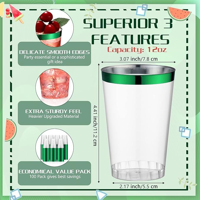 Patelai 100 Pcs Green Plastic Cups 12 oz Green Rimmed Plastic Cups Heavy Duty Disposable Wine Glasses Clear Cocktail Glasses Drinking Tumblers for Party Wedding Christmas Birthday