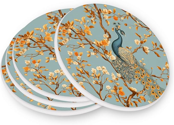Coasters for Drinks Coaster Drink Set Decorative Coffee Table Desk Cup Mat Spring Cute Cork Bar Backing Round Home Decor Orange Branch Peacock21