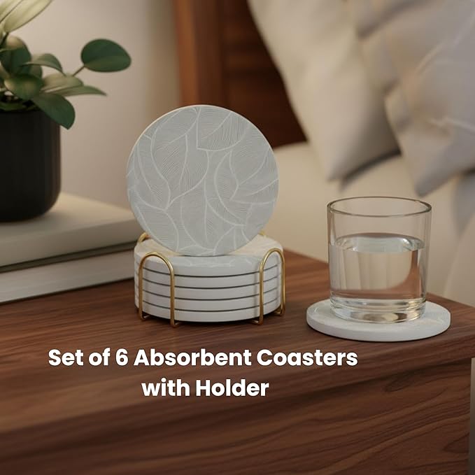 Ceramic Absorbent Coasters Set of 6 with Holder, Marble Drink Coasters for Coffee Table, Water-Absorbing Stone Coasters (Green Leaf Design)