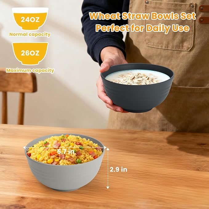 Homienly Premium Wheat Straw Bowls 8 PCS Unbreakable Bowl for Kitchen Cereal Bowls Lightweight Bowl Set, Reusable Microwave and Dishwasher Safe Bowl Set for Soup,Ramen,Salad(Grey Stone, 26 OZ)