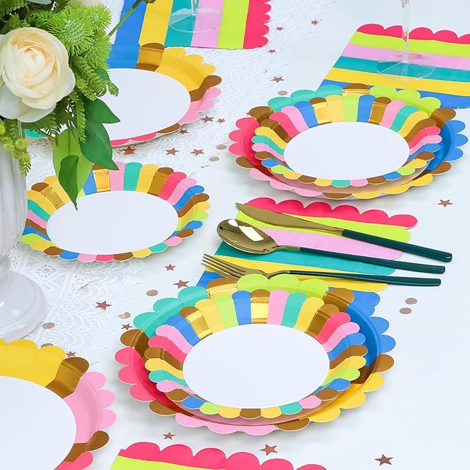 Scalloped Paper Plates 100pk, Disposable Party Plates with 50pk Dinner Plates & 50pk Dessert Plates, Gold Foil Paper Plates for Party Wedding Birthday Anniversary and Engagement Party Decorations