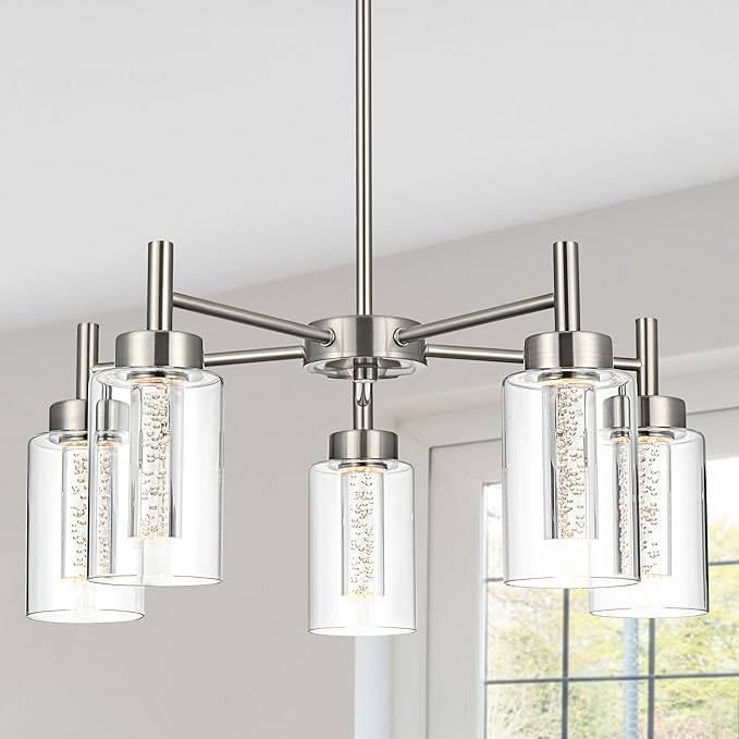 VINLUZ LED 5 Light Modern Chandeliers for Dining Room,Brushed Nickel Finish Hanging Lighting Fixture with Crystal Bubble Clear Glass Shade Kitchen Island for Hanging
