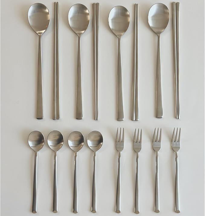 Korean Made Stainless Steel Silver Utensil Flatware Cutlery Korean Chopsticks and Spoon Set Tea Spoon and Tea Fork Set, 4SET Stocking Stuffer Gift for Mom Stocking Stuffer