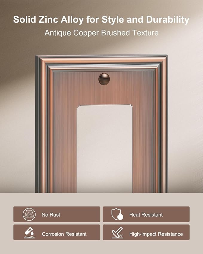 6-Pack Decorator Outlet Cover Plate, Antique Copper Decorative Switch Plates and Outlet Covers, Durable Zinc Alloy Wall Plates for Electrical Outlets, Receptacle, GFCI Outlet, Dimmer Switch