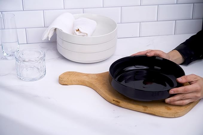 KooK Pasta Bowl, Bowl Plate, Low Bowl, Plate Bowls, Ceramic Large Shallow Bowls, Microwave and Dishwasher Safe, Great for Soups and Salads, Glossy Porcelain, 47 oz, Set of 4, Black